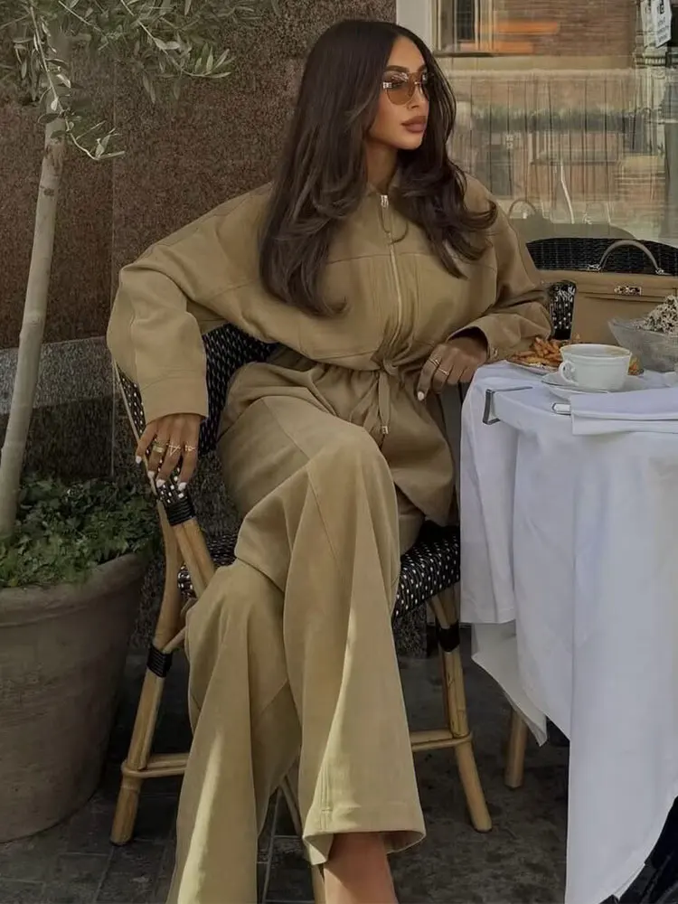 HH Conjuntos de calças de outono para mulheres, elegante, moda, cintos ajustáveis, casaco, manga comprida, jaqueta com zíper, calças largas, roupas casuais