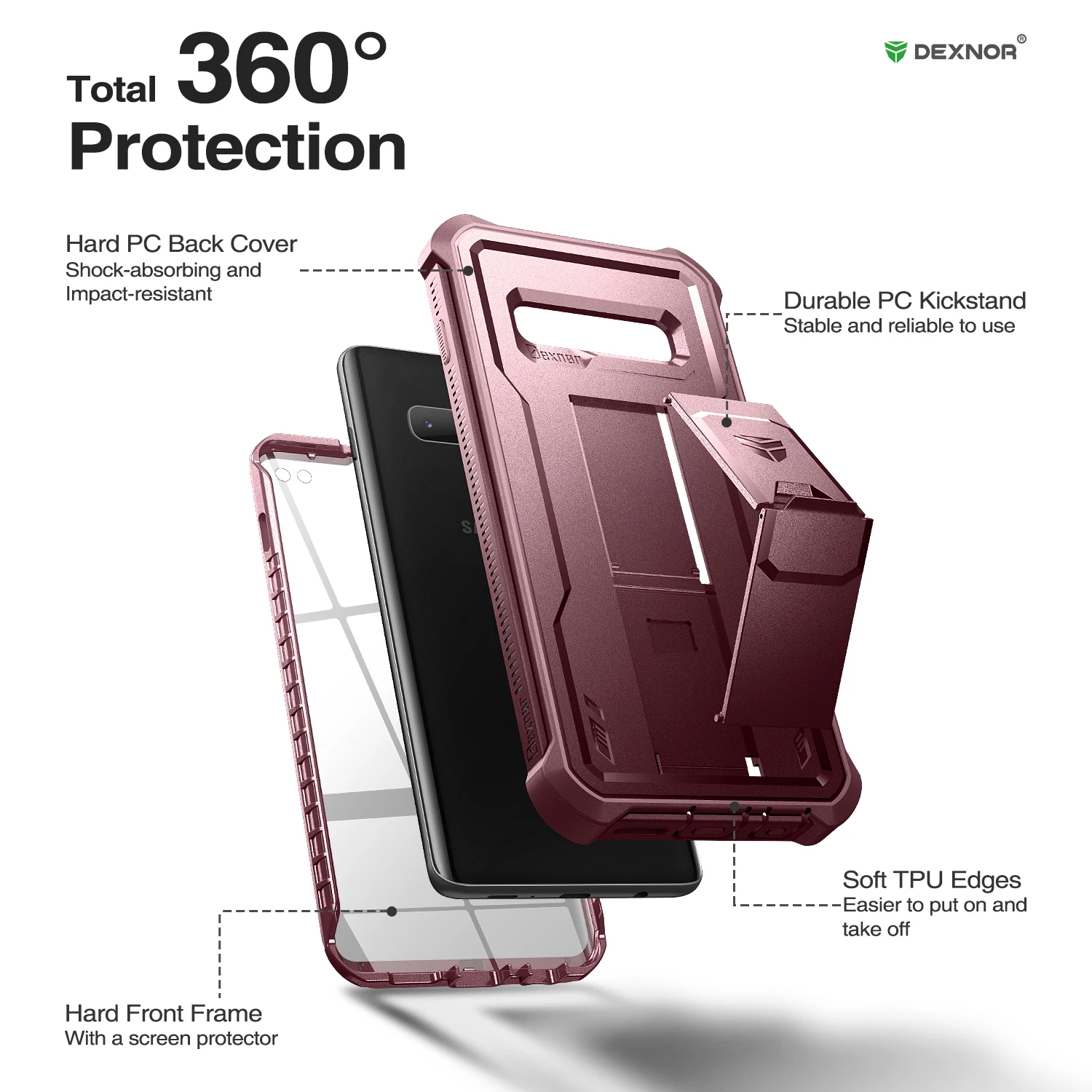 Étui de protection complet 360 pour Samsung Galaxy S10 Plus, feuille PC + coque TPU, support avec protecteur d'écran intégré