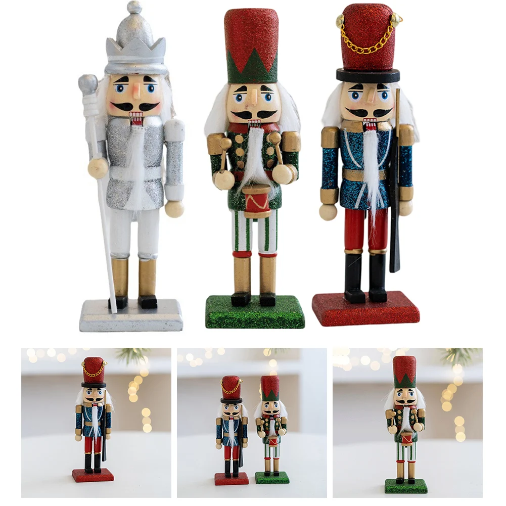 16CM Wooden Nutcracker Ornaments Puppet Traditional Silver Christmas Party Household Chrismas Ornament For Xmas Parties