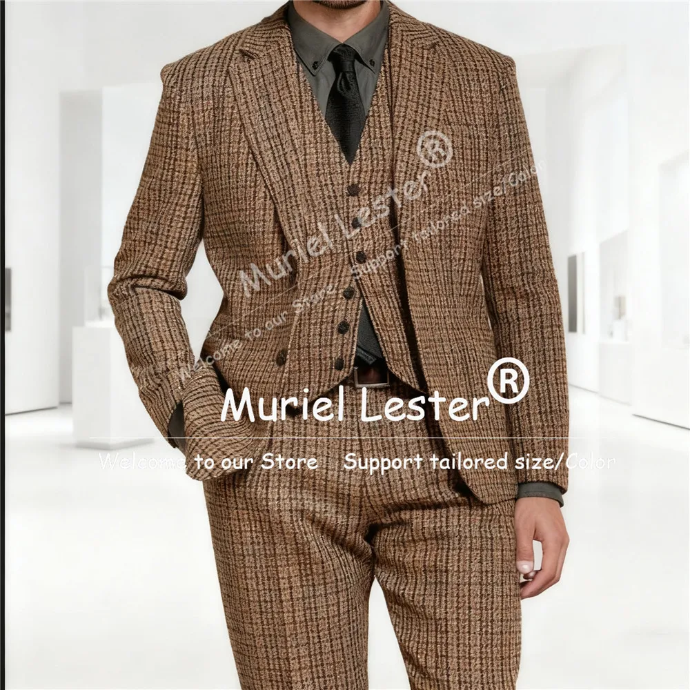 

Классические шерстяные твидовые мужские костюмы в клетку, обычный крой, формальные смокинги с лацканами, индивидуальный комплект из трех предметов, наряды для жениха