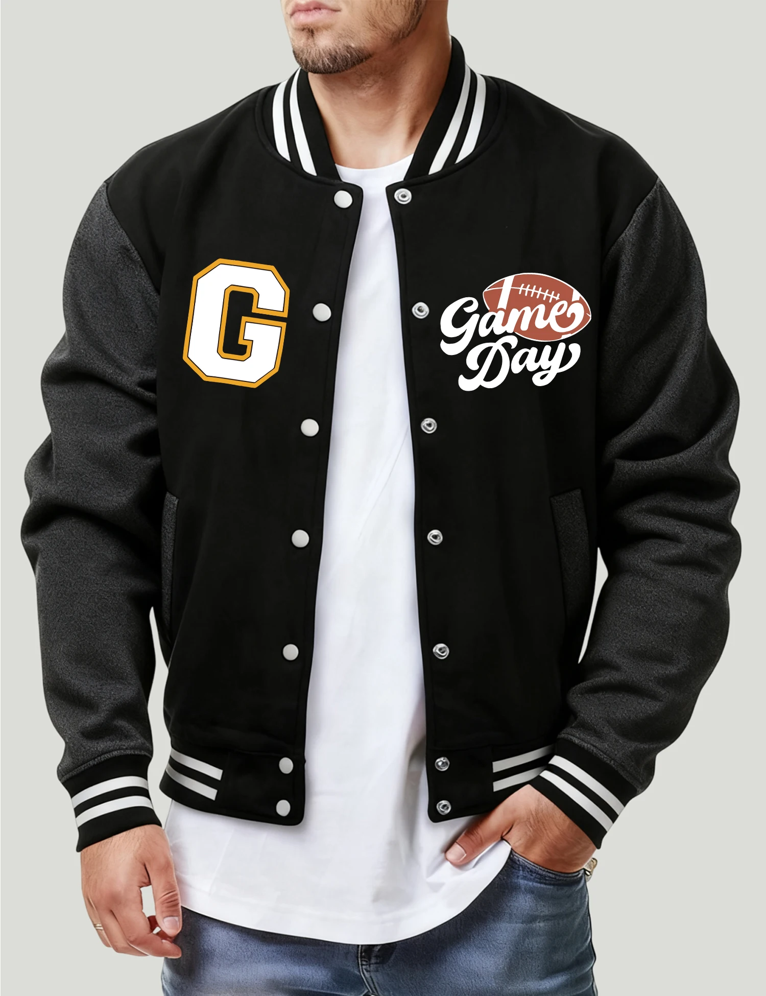 

Rugby Game Day Print Men Jackets Fleece Fashion Baseball Jersey Harajuku Fleece Loose Coat Unisex Fashion All-Match Streetwear