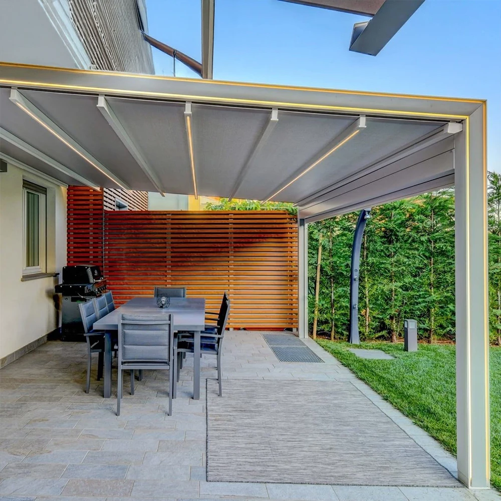 PVC Retractable Pergola Canopy Motorized Folding Awning Outdoor Sun Shade Waterproof Patio Roof Aluminum Frame Gazebo Shelter