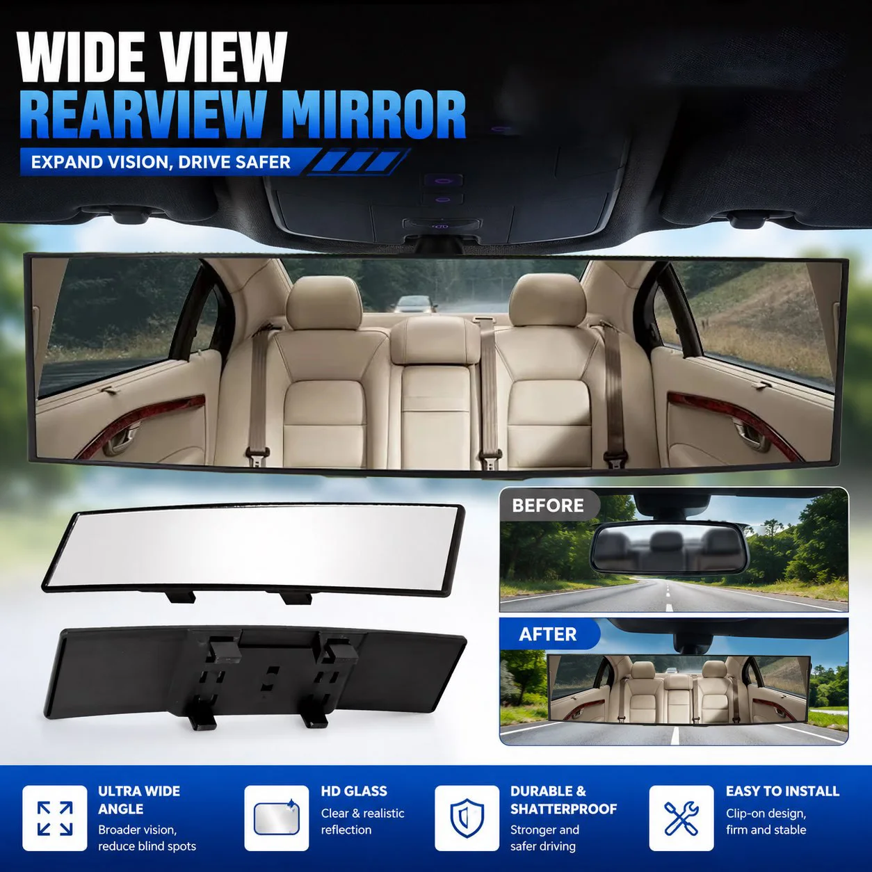 Panoramic HD Car Rearview Mirror Wide Field of View Anti Glare Shatter Resistant Clip On Rear View Mirror for Most Vehicles