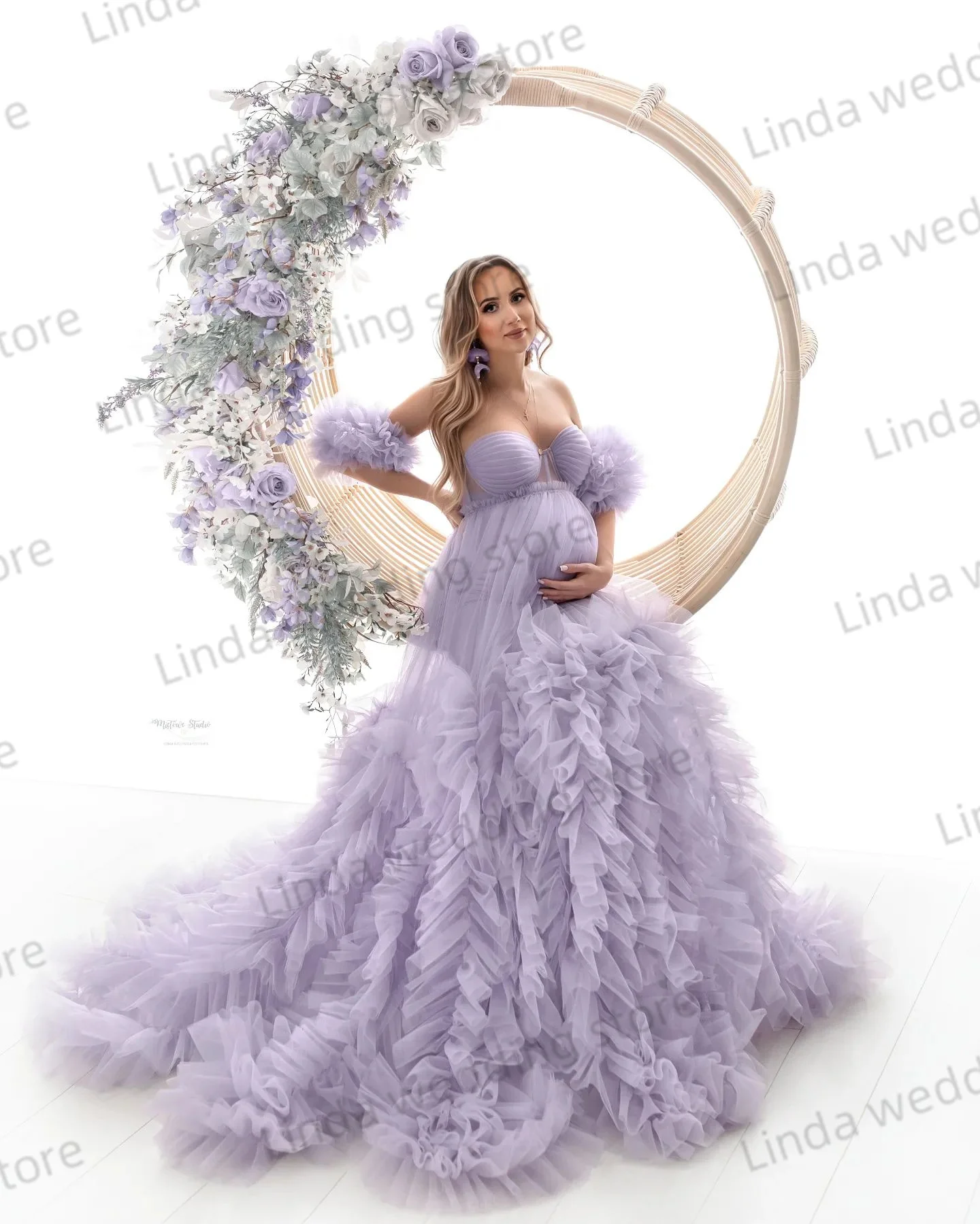 Illusion Maternity Dress for Photoshoot Pretty Lilac Purple Women Prom Dress Evening Party Gown Ruffles Pregnancy Babyshower