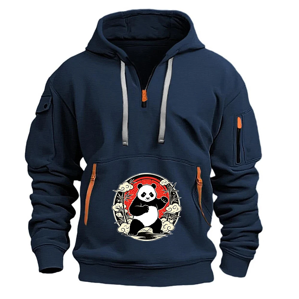 2026 Spring Autumn Constant Temperature Comfort Coat Panda Logo Print Men's Anti Collision Shirt Half Zipper Drawstring Hoodies
