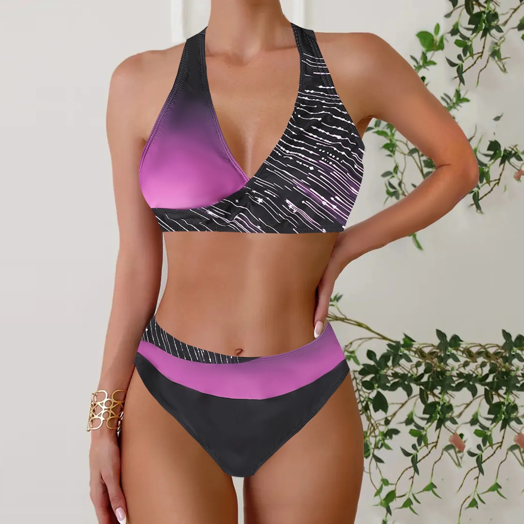 Women's Summer Vacation Tankini Set - High Stretch Crew Neck Swimsuit with Random Print, Knit Fabric 2 Piece Tropical Bikini