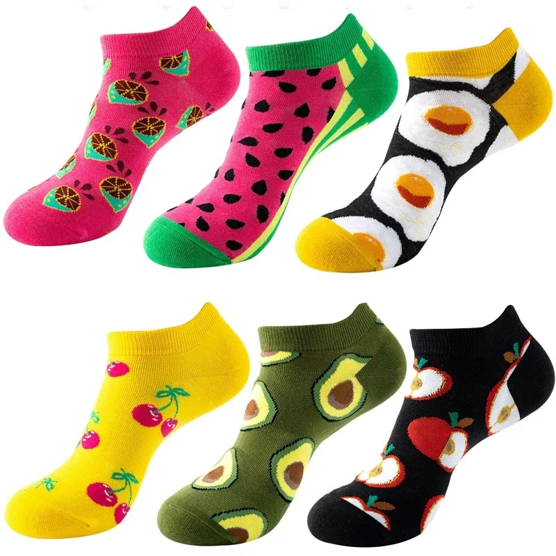 6 Pairs Cartoon Fruit Funny Socks Women Men Cute Ankle Slipper Socks Aesthetic Printing Summer Short Sports Socks Cotton NO-Show