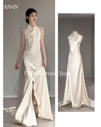 FANAN Simple Korea Sheath Ivory High Neck Wedding Dresses Silk Satin Beach 웨딩드레스  Ruched Custom Made Bride Gowns Plus Size