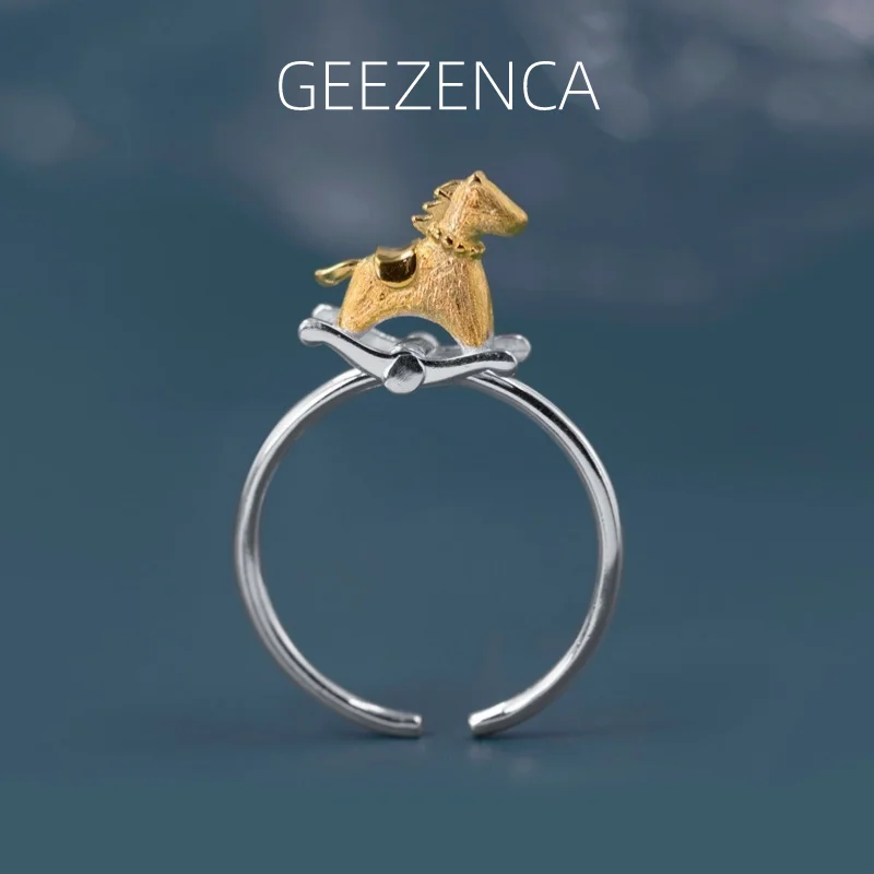 

GEEZENCA 925 серебро двухцветное покрытие карусель Открытые Кольца для женщин 3D кокер лошадь дизайнерский стиль шикарное милое кольцо 2023 новый вечерние подарок