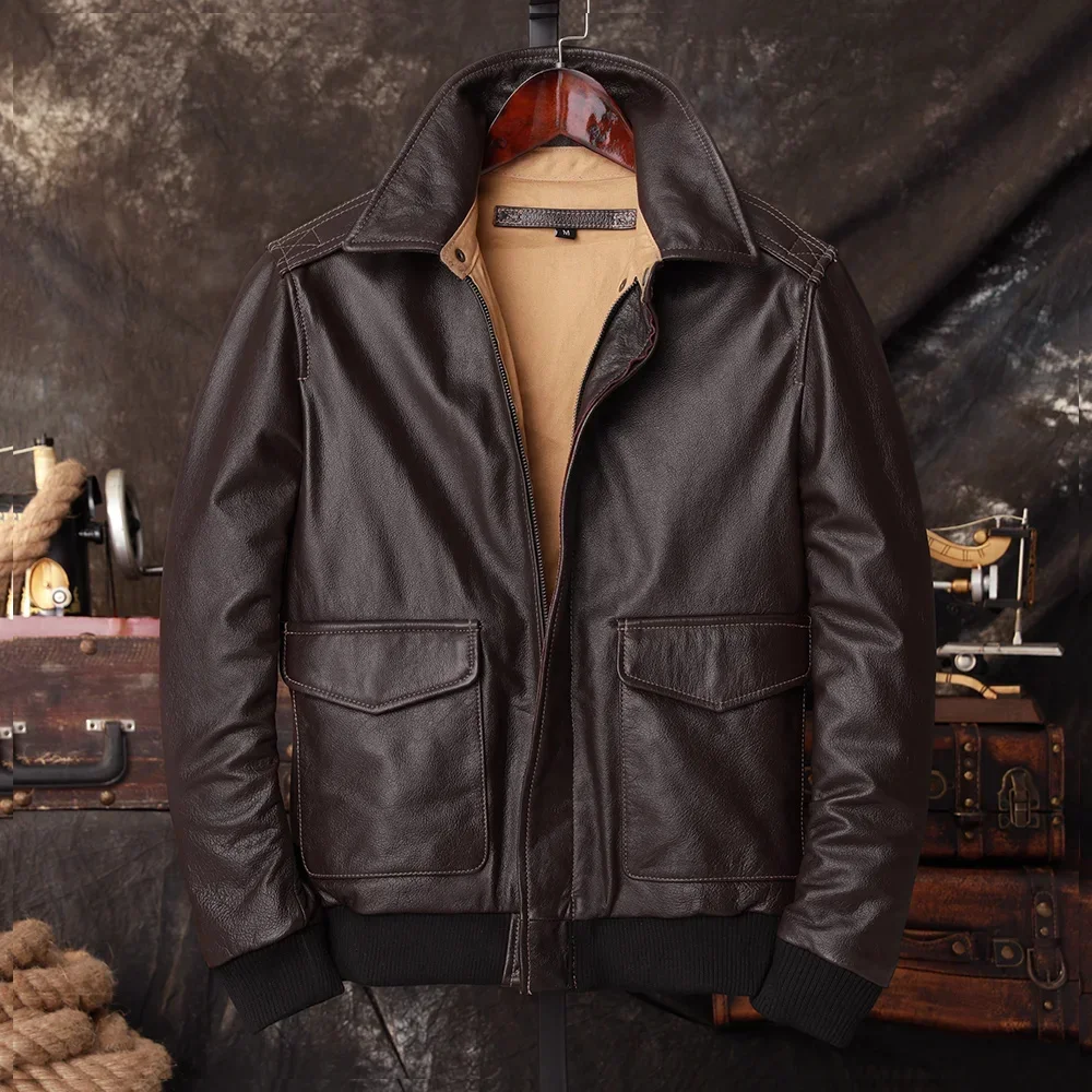 Bomber A2 Pilot Genuine Leather Jacket Men Warm 100% Cow Air Force Coat Dark Brown Men's Cowhide Motorcycle Jackets