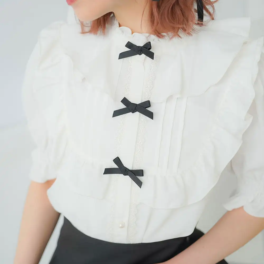 Japanese Style Exquisite Shirt women Solid Color Retro Heavy Industry Fungus Edge Bow Stand-up Collar Lolita Shirt Short Sleeve