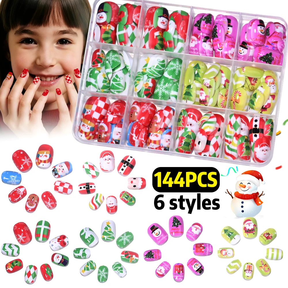 144個入り/箱 クリスマス ショート ラウンド つけ爪 可愛いサンタクロース 雪だるま 雪の結晶 フェイクネイル キッズ 女の子 クリスマス ネイルチップ