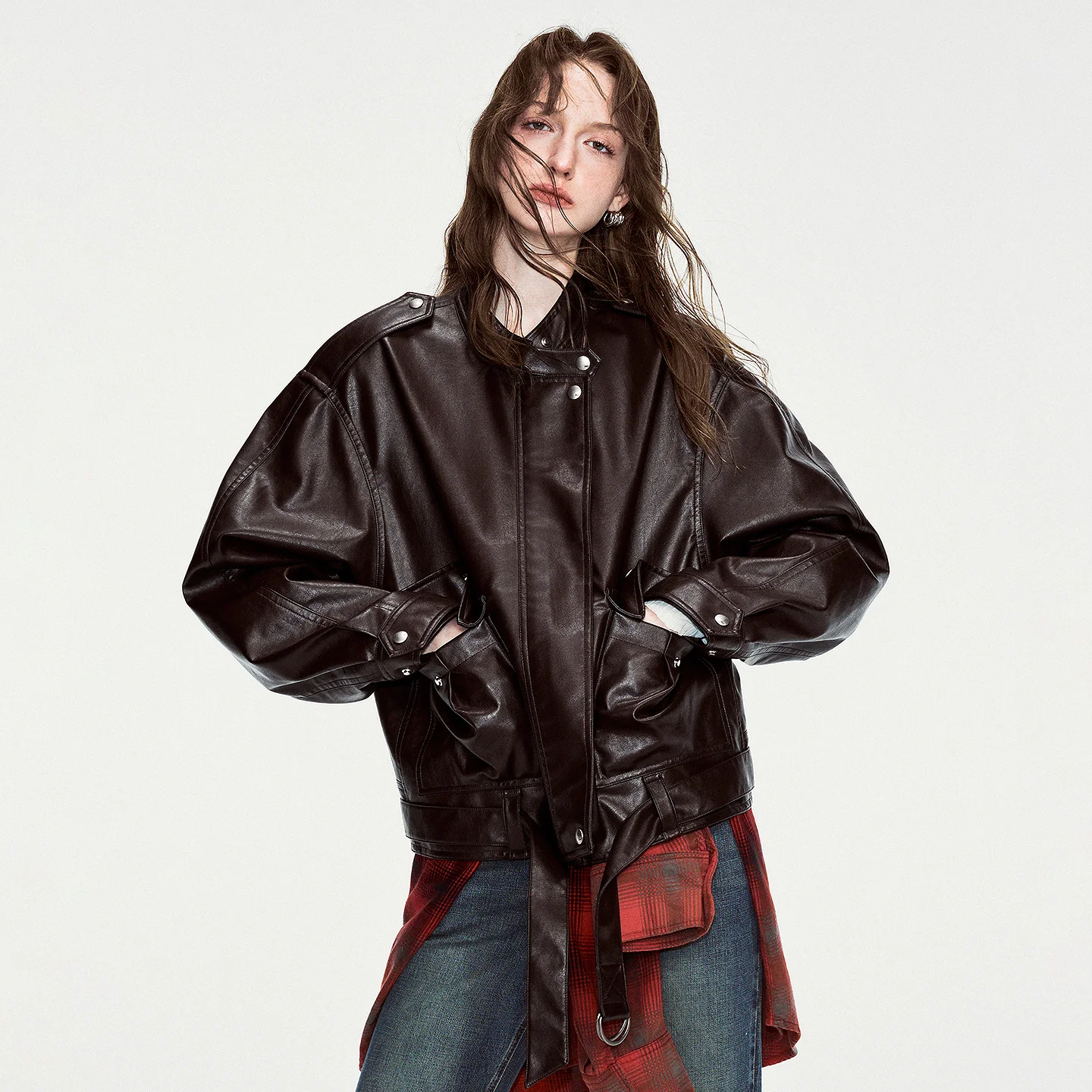 TOYOUTH Women Urban Faux Leather Jacket 2026 Autumn New Retro Stand Collar Modern Edgy Outerwear