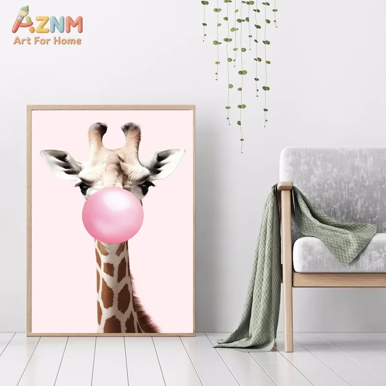 AZNM Cute Animal Blowing Pink Bubble Gum Canvas Wall Art Rabbit Panda Cheetah Zebra Giraffe Portrait Print Unframed Canvas Paint