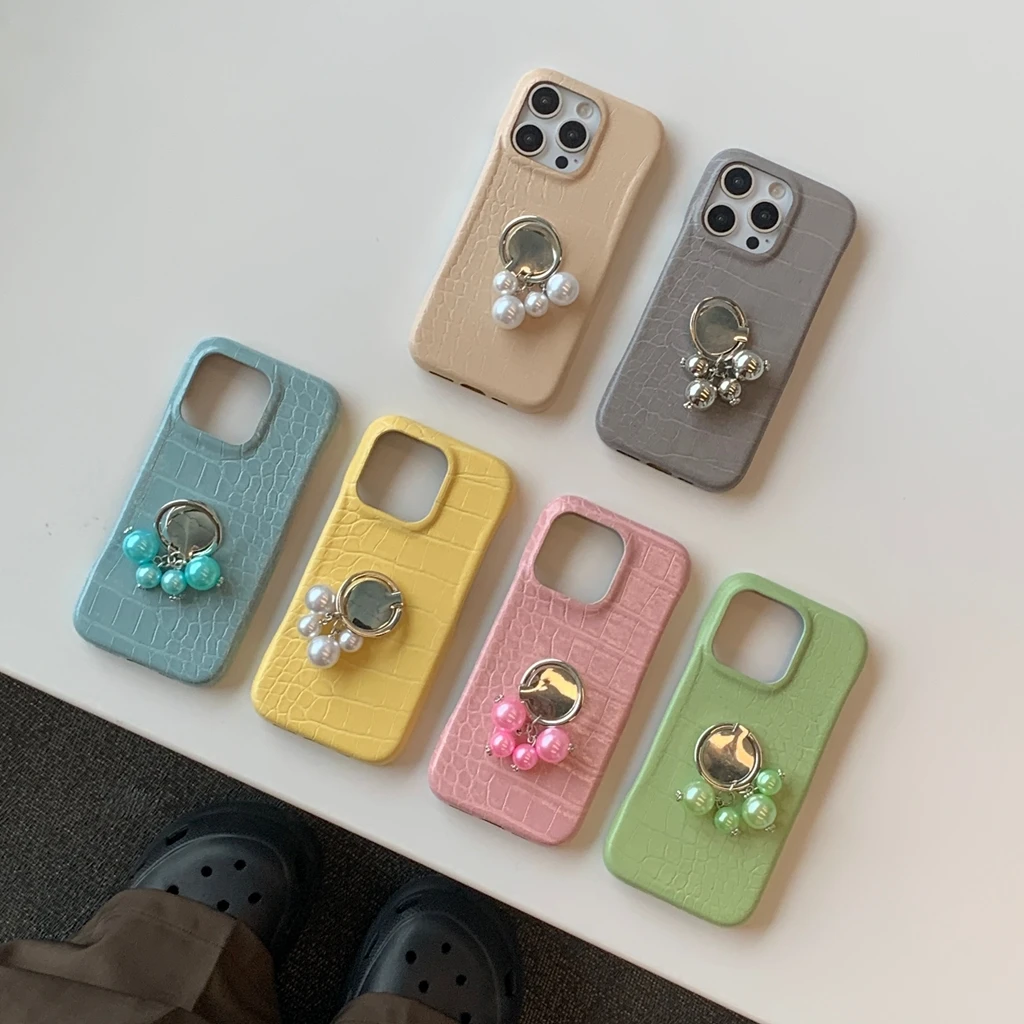 Funda de teléfono con soporte para anillo de dedo con colgante de perla y patrón de piel de cocodrilo avanzado para iPhone 17 16 15 14 13 12 Pro Max