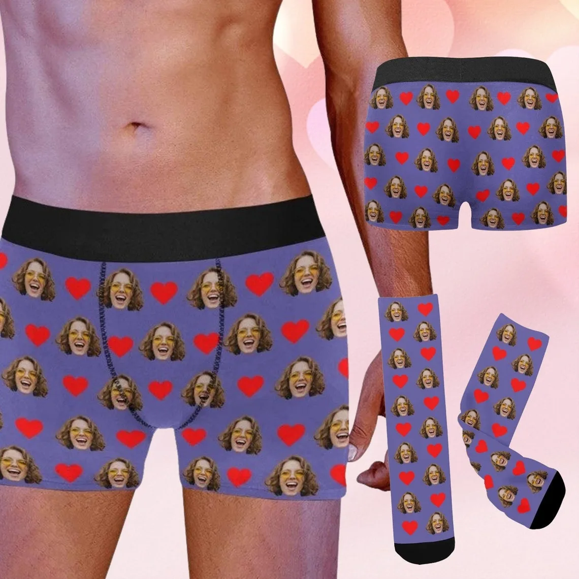 Custom Face Boxer Briefs&Socks For Men Personalized Face Underwear Gifts Customized Valentine's Day Gift Heart Socks Women