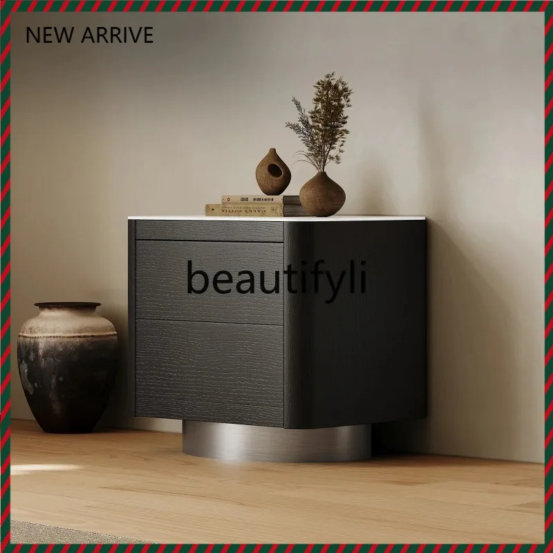 

D2520 Italian minimalist bedside table rock slab smoked veneer light luxury bedside table storage cabinet