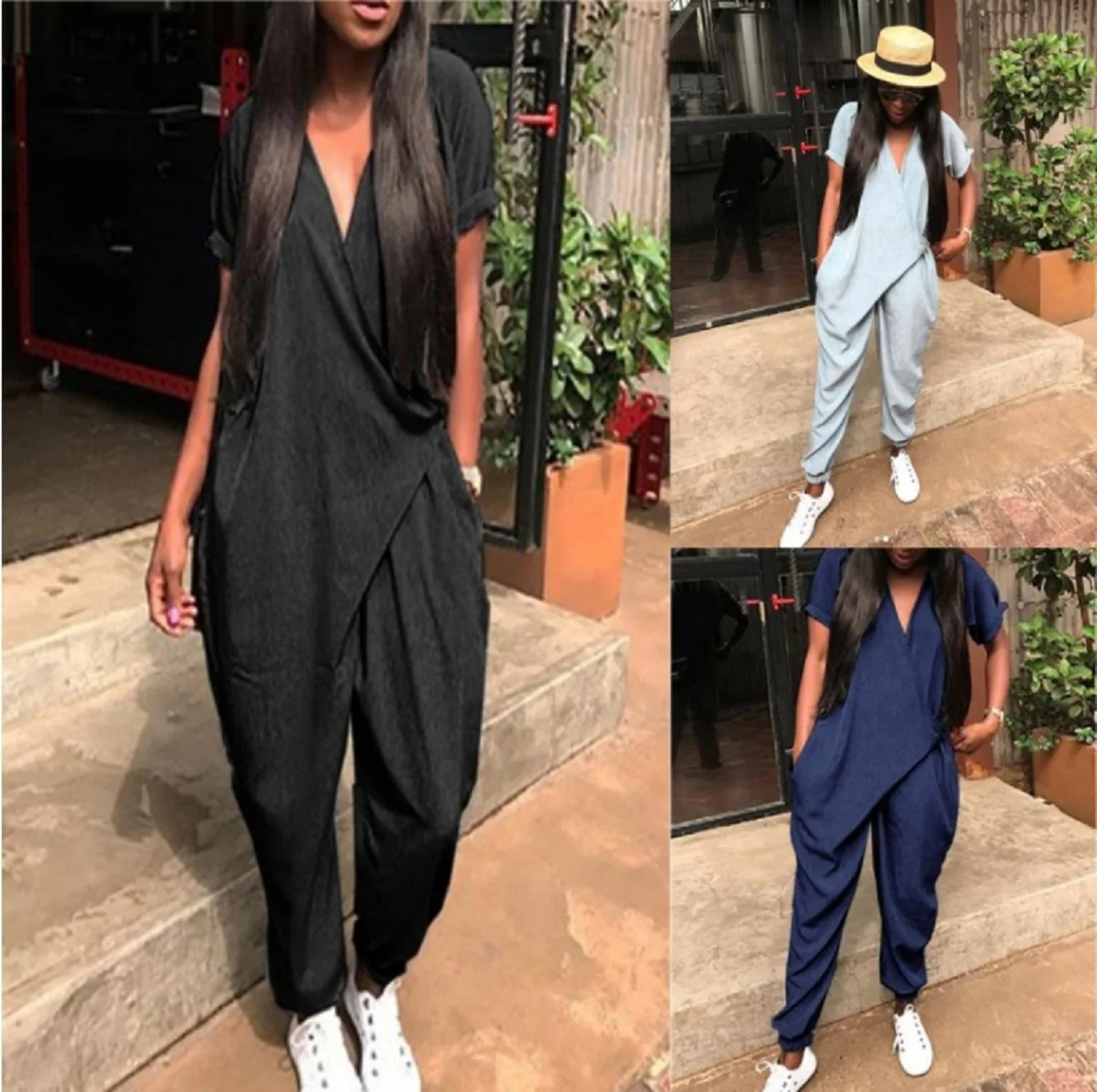 Ladies V-Neck Onesie Bodysuits Loose Casual Female Women Solid Short Sleeve One-Piece Rompers Overalls Jumpsuits Streetwear