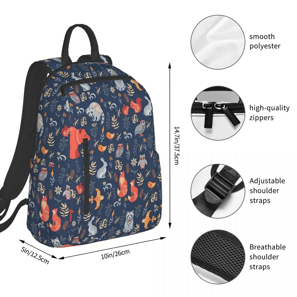 Fairy-Tale Forest. Fox, Bear, Raccoon, Owls, Rabbits, Flowers And Herbs Backpack BookBag Kids School Bag Computer Shoulder Bags