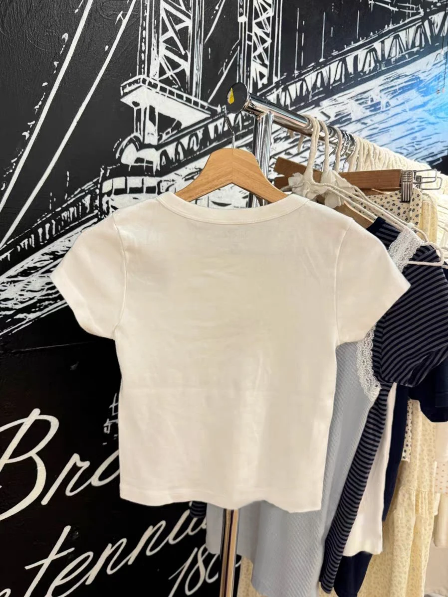 Angel Baby Embroidery Slim Crop Top Woman Summer Round Neck Short Sleeve Cotton Tees Casual Sweet Preppy Style Tshirts Y2k Tops