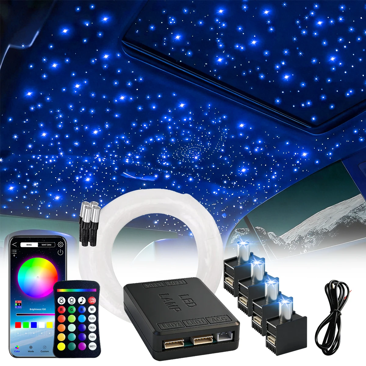 

Комплект световых модулей Split Star Light Headliner, мини-мотор 16 Вт, 4 световых модуля, легко скрываются, гибкая проводка, управление через приложение/пульт ДУ, для автомобильного освещения
