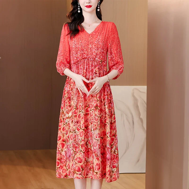 2025 봄 여름 꽃 실크 미디 드레스 여성 빈티지 Boho 패션 캐주얼 라이트 드레스 한국어 우아한 럭셔리 축제 Vestidos