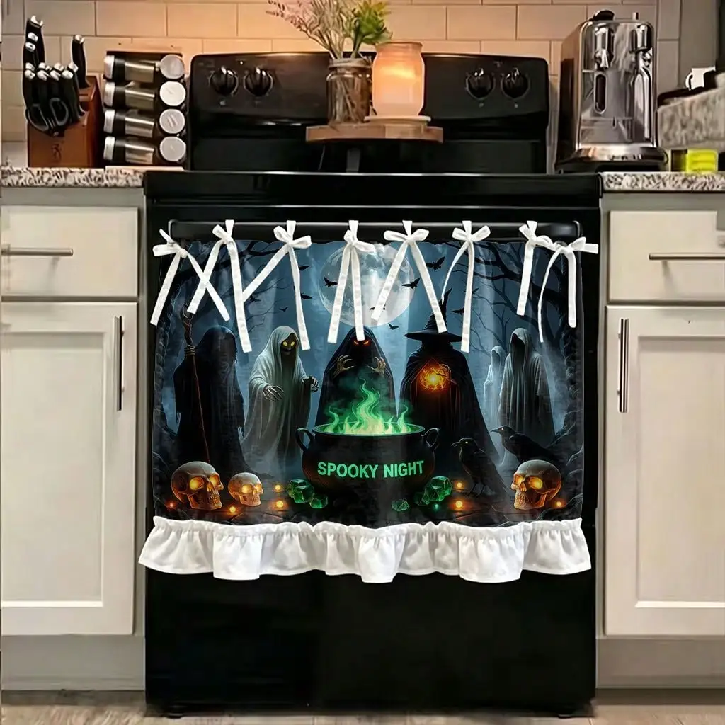 2D Flat, 1 Halloween Themed Kitchen Stove Dust Cover, Cabinet Decoration Curtain, 2D Printing Spooky Night Halloween Witch Cauldron Home Kitchen Microwave, Ideal Choice for Kitchen Decoration and Appliance Protection, Home Decoration, Kitchen Shading