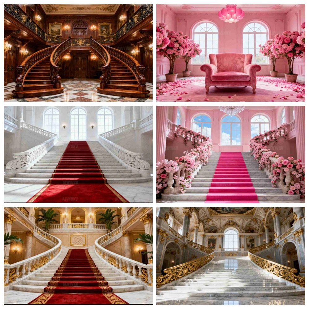 

Luxury Staircase Red Carpet Wedding Castle Interior Backdrop with Crystal Chandelier for Photography Studio Background Decor