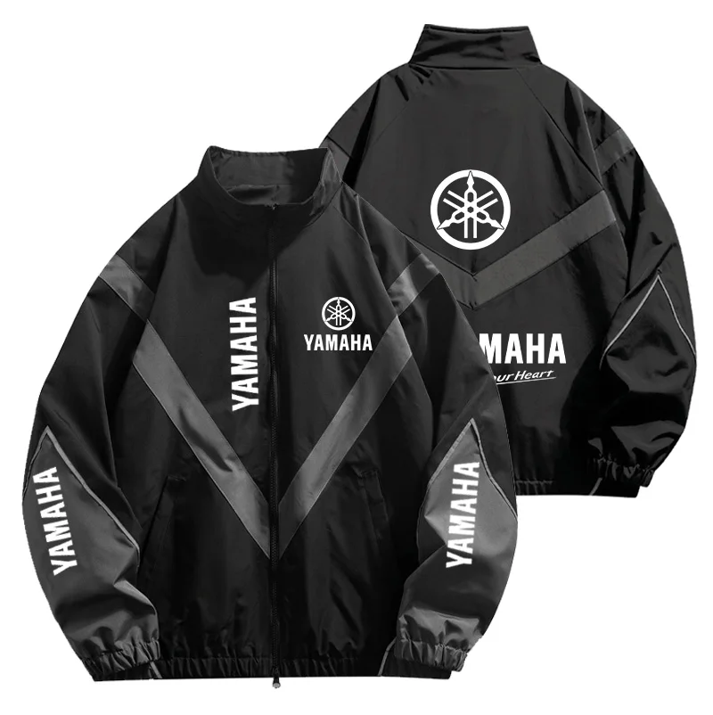 Yamaha Men's Reflective Strip Racing Jacket, Street Hip-Hop Loose Coat, Spring-Autumn Windproof Stand-Up Collar Zipper Jacket