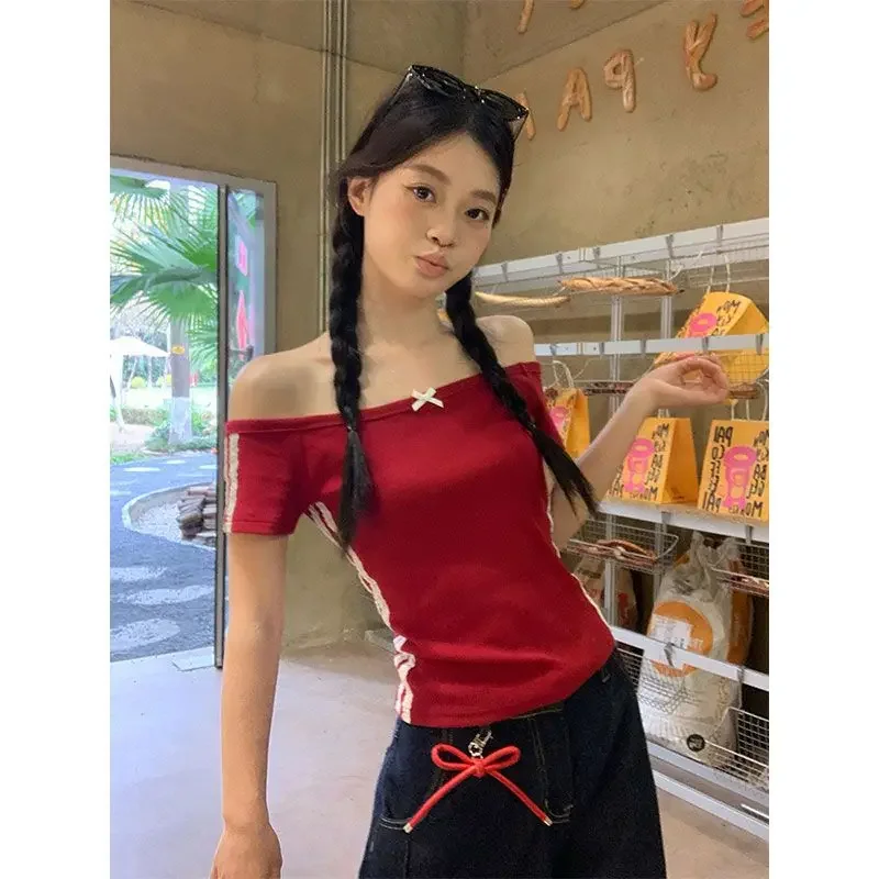

New Slimming Effect Women's Fashion Top American Style Red Hot Girl Shoulder Bared Short Sleeve Striped T Shirt Summer