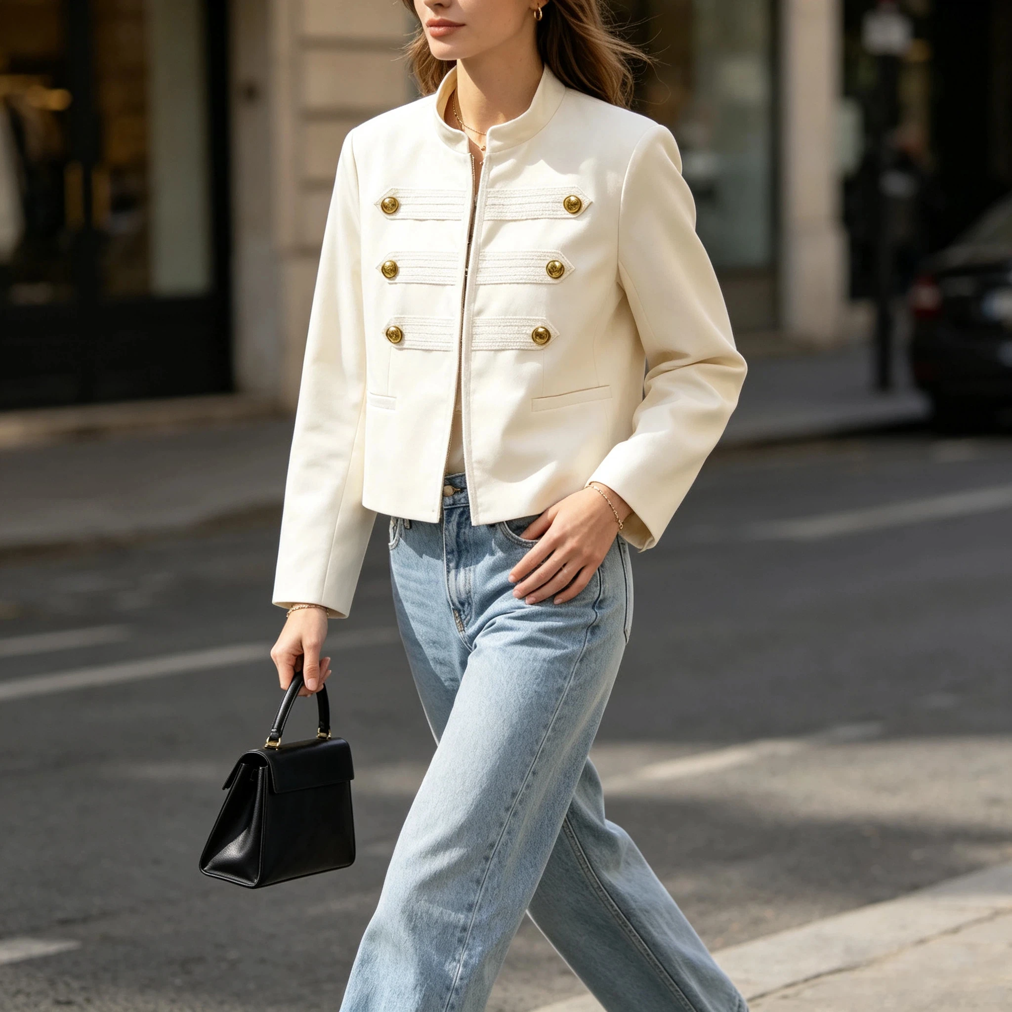 2026 New Style Summer Beige Long Sleeve Stand Collar Napoleon Style Slim Fit Casual Jacket Versatile Fashion Jacket for Women
