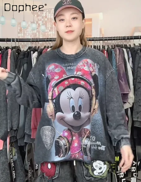 

Trendy Brand Tops Autumn Heavy Industry Diamond Headphone Cartoon Large Version Loose Fashion Round Neck Sweatshirt Women