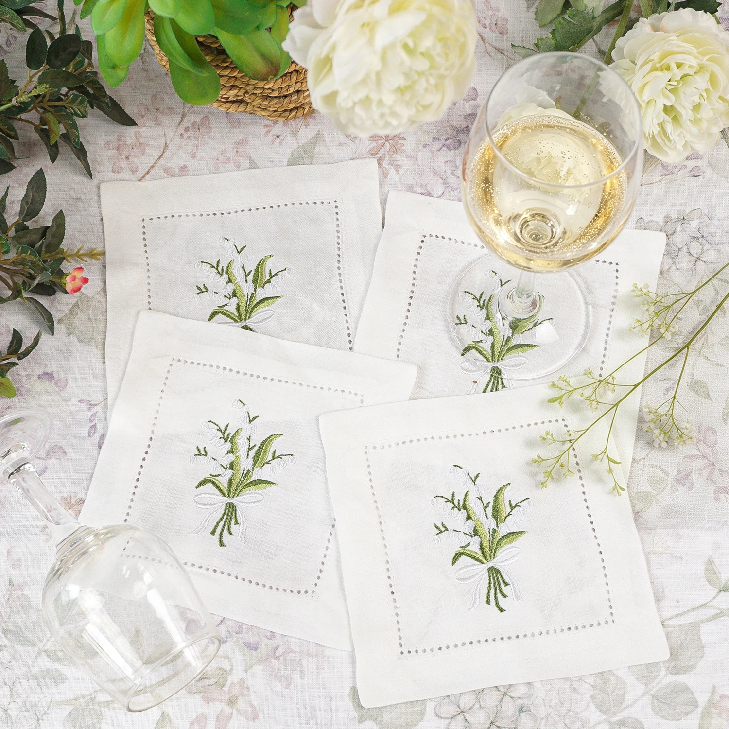 Natural Linen Embroidered Cocktail Napkin Elegant Lily of the Valley Floral Coasters Wedding Dining Table Decor Gift