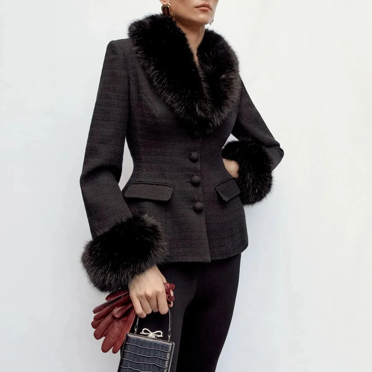 

Женское пальто со съемным меховым воротником, классический модный пиджак