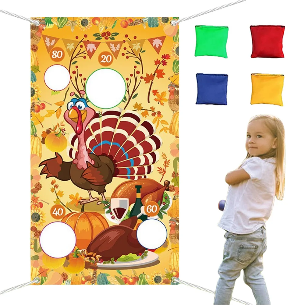 Thanksgiving Bean Bag Toss Game Toss Game Banner Turkey Background Bean Bag Game Set with 4 Bean Bags for Outside Yard