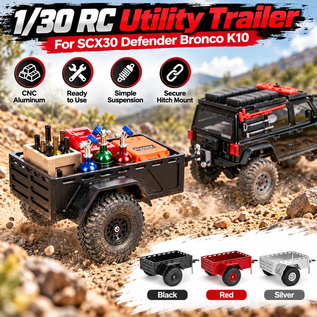 Multi-Functional Rear-Mounted Trailer For 1/30 Axial SCX30 Bronco Wrangler K10​​ Remote Control Crawler Upgrade Accessories