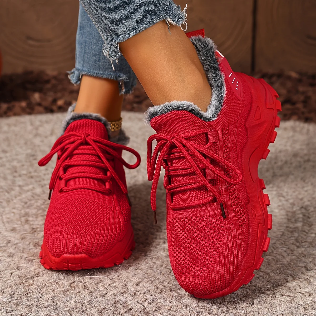 Damen Winter-Thermosneaker aus Strickstoff mit Schnürung, Plüschfutter, rutschfester dicker Plateausohle, Outdoor-Wanderschuhe, Freizeitschuhe – Detail 12