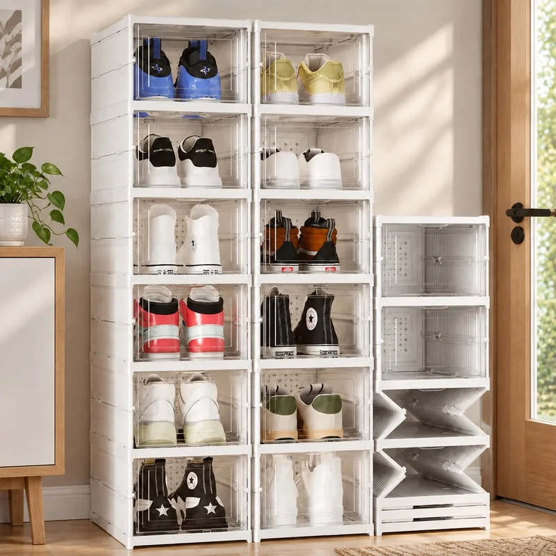 Clear 3-Layer Foldable Shoe Storage Box, Stackable and Dustproof for Sneaker Organization