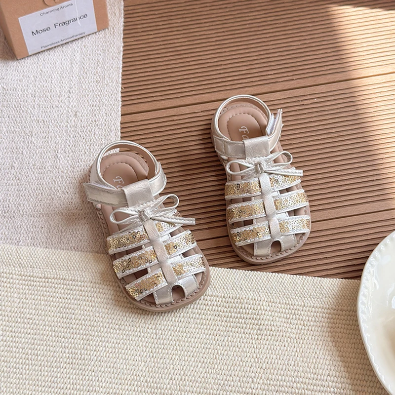 Toddler Girls Sandals Summer Kids Woven Little Girls Causal Flat Shoes Fashion Glitter Sequin Soft Children's Cut-outs Sandals