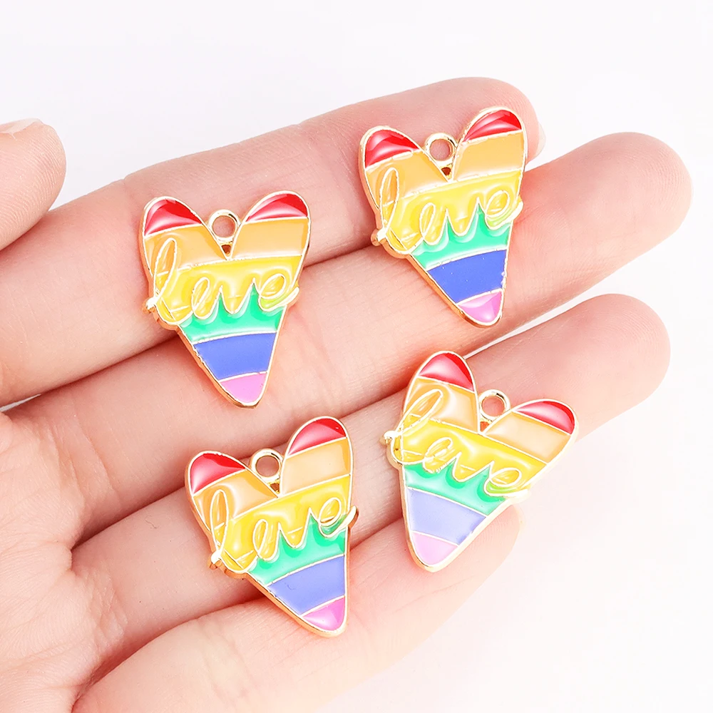 10Pcs Mixed Cute Enamel Rainbow Love Heart Flag Charms Pendants for Jewelry Making DIY Earrings Necklace Keychain Craft Supplies