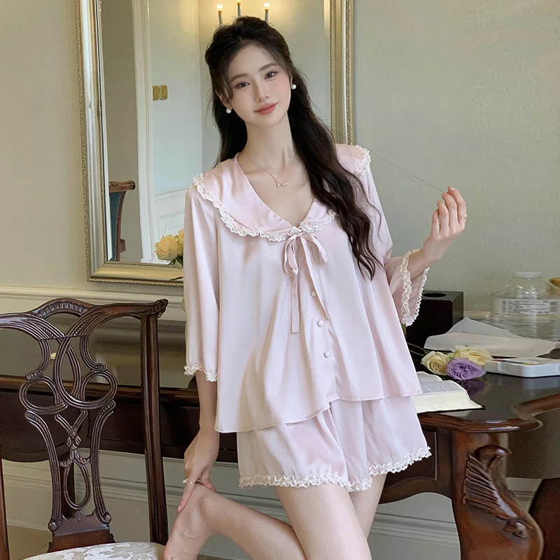 Summer Short Sleeves Ice Silk Sleepwear Sweet Pink Doll Collar Short Two-Pieces Pajamas Loose Design Cardigan Loungewear PYJS