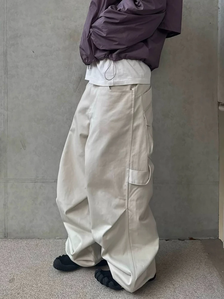 

American Style Men's Cargo Pants Wide Leg Pleated Knife Pocket Casual Straight Leg Workwear Trousers Loose Fit Cotton Jeans