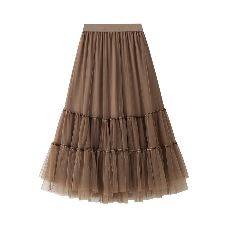 Autumn Winter New Fashion Casual Tulle Skirt Womens Korean Cute A-Line Mesh Skirts Female Black Midi Long Pleated Skirt