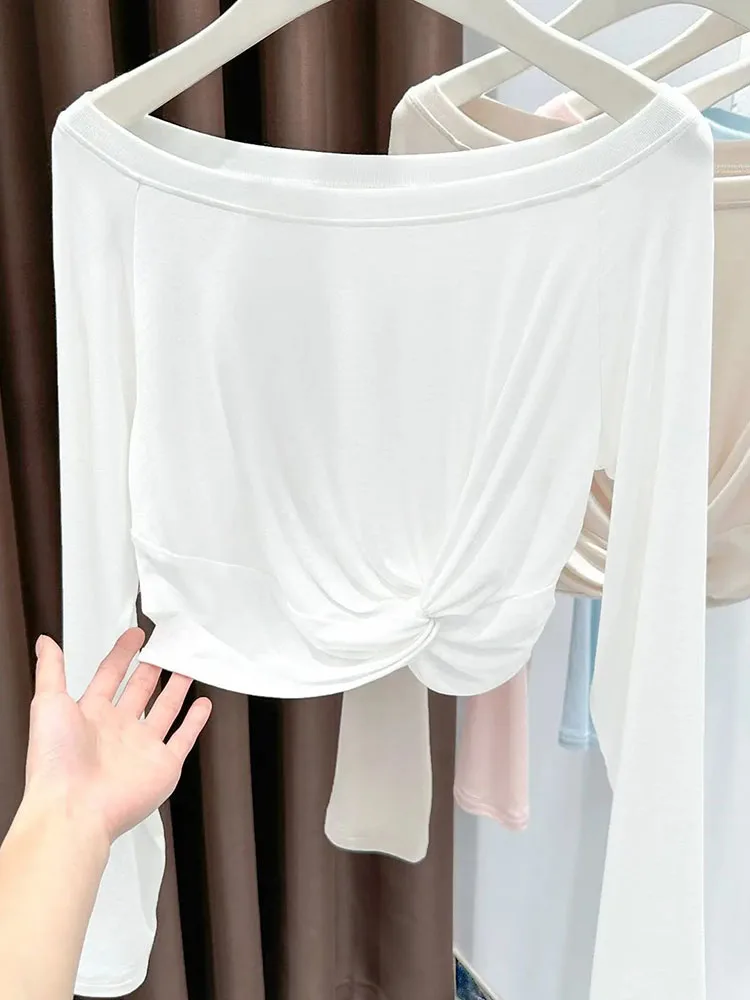 Twisted Design Slash Neck Long Sleeve T Shirt Women 2026 New Sexy Slim Solid Base Crop Top Simple Casual All Match Tees