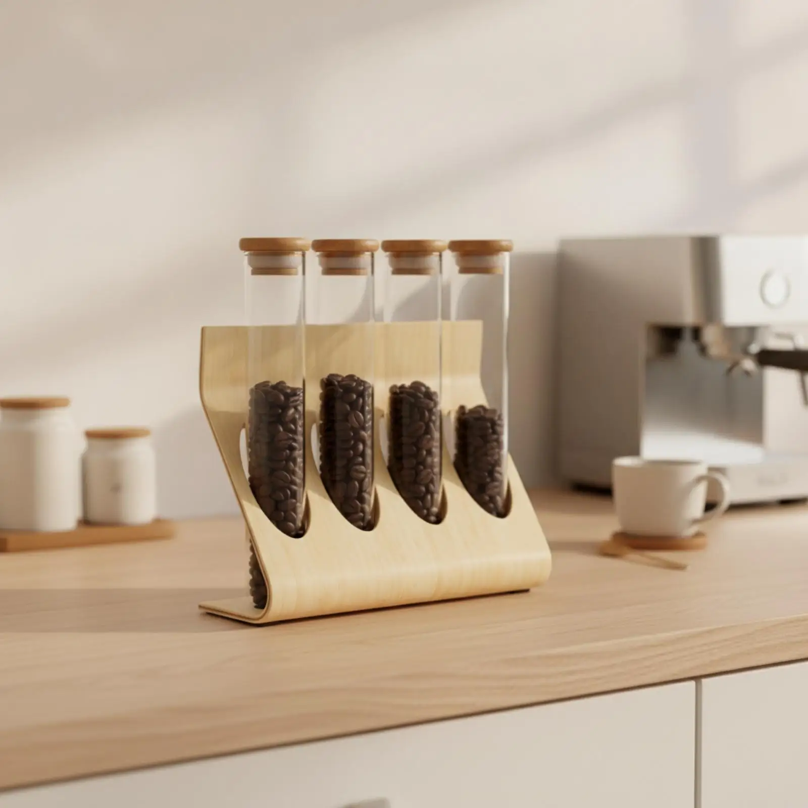 Multifunctional Tea Coffee Station Organizer with Sealed Glass Jars Wooden Lid Storage Shelf