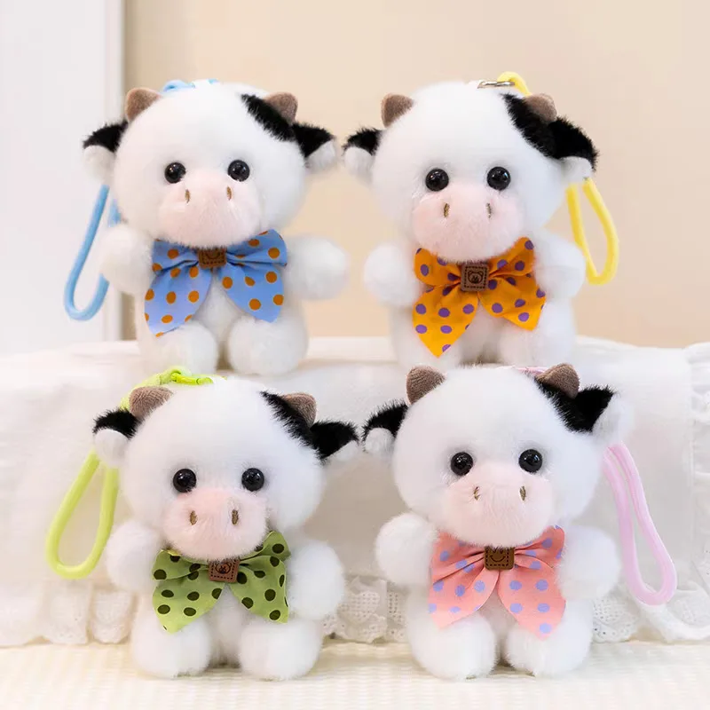 12cm Cute Colourful Bow Cow Plush Doll Keychain Pendant Plush Toy Girl Handbag Charm Decorations Bag Charm Keyring Children Gift