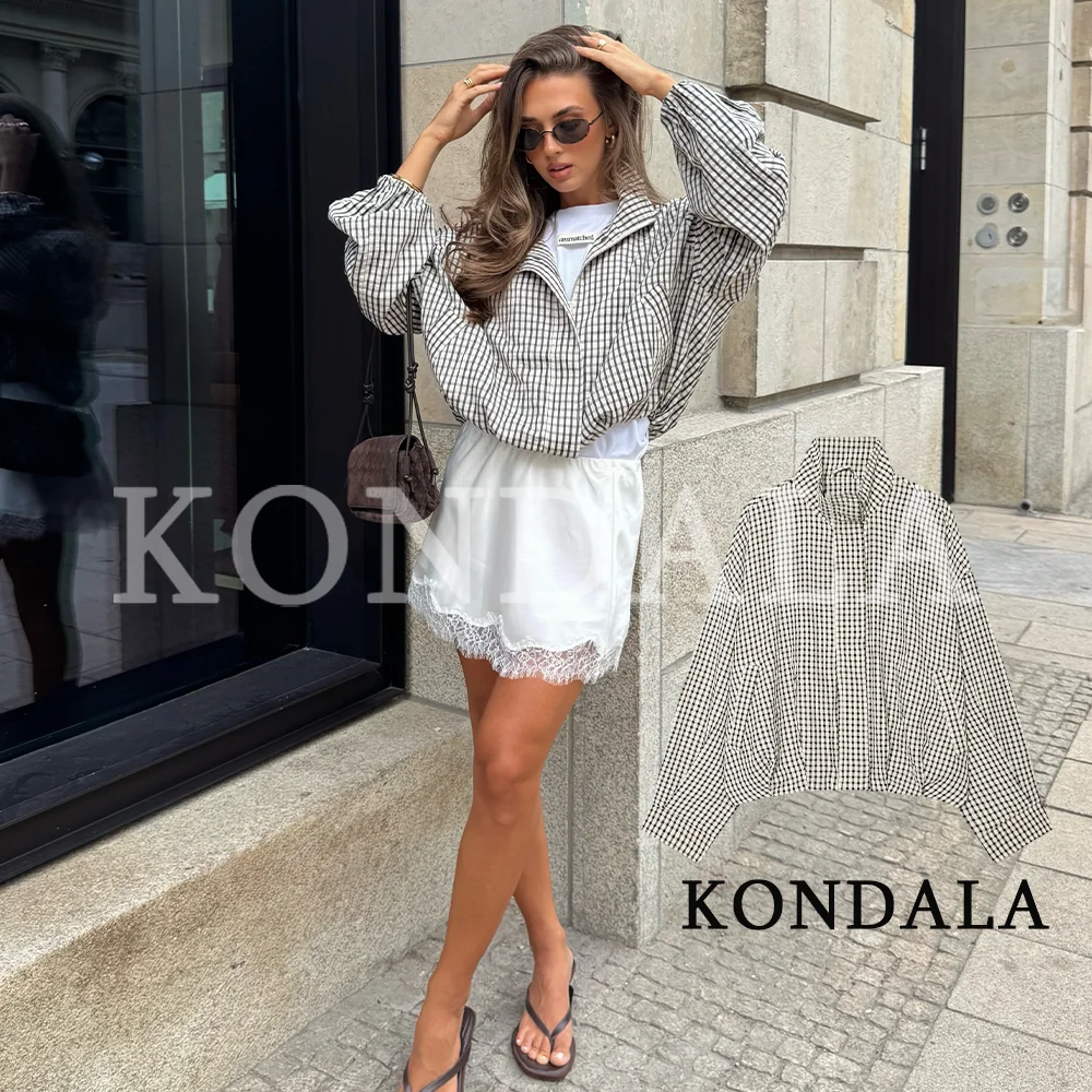 KONDALA Women Casual Streetwear Plaid Zipper Jacket 2026 Spring Summer Trendy Loose Jacket Lady Elegant  Chic Stand-Collar Coat