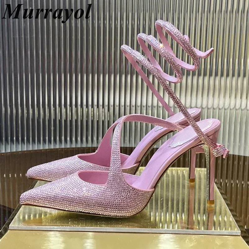 Pumps Rhinestone Snake Shaped Elastic Strap Sandals Women Pointed Toe Closed Toe Thin High Heels Sandalias Summer Dress Shoes