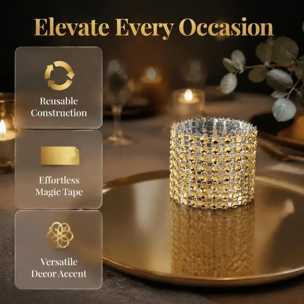50 PCS Plastic Napkin Rings Silver Gold 8 Rows Napkin Holders Self Adhesive Adjustable Rhinestone Napkin Rings Wedding Party