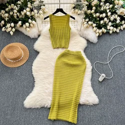 Skirt Set Women Two Piece Sets Knitted Sexy Slim Dress Sets Round Neck Sleeveless Short Vest Tops High Waist Long Skirts Elegant